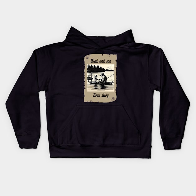 Dad and son are fishing on a boat Kids Hoodie by Greenmillion